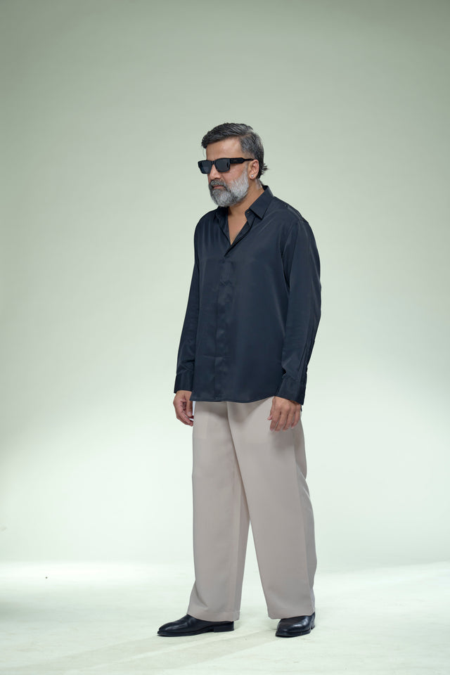 Midnight Armani Black Self-Stripe Full Sleeve Shirt - AddysForMen®️