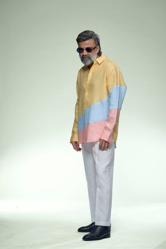 Modern Tricolour Block Pure Linen Designer Shirt - AddysForMen®