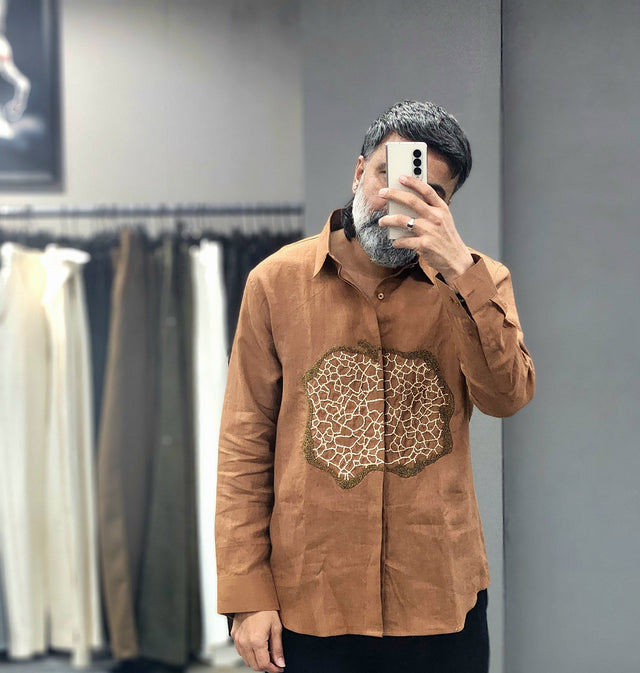 Cinnamon Brown Pure Linen Long Sleeve Shirt with Hand-Embroidered Bead & Thread Motif