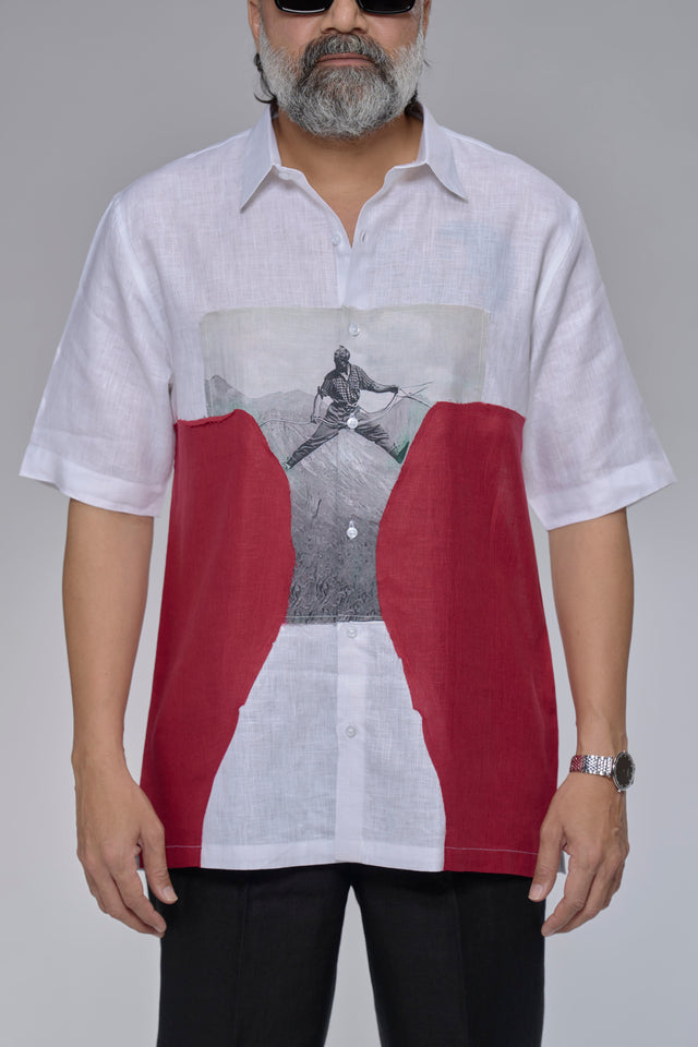 Red Horizon : Digital Print Patchwork Pure Linen Designer Short Sleeve Shirt - AddysForMen®