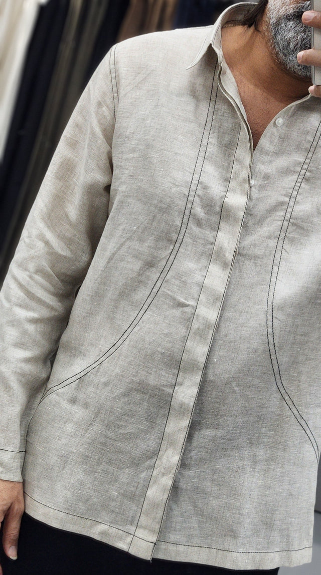 Beige Contrast Topstitch Linen Long-Sleeve Shirt