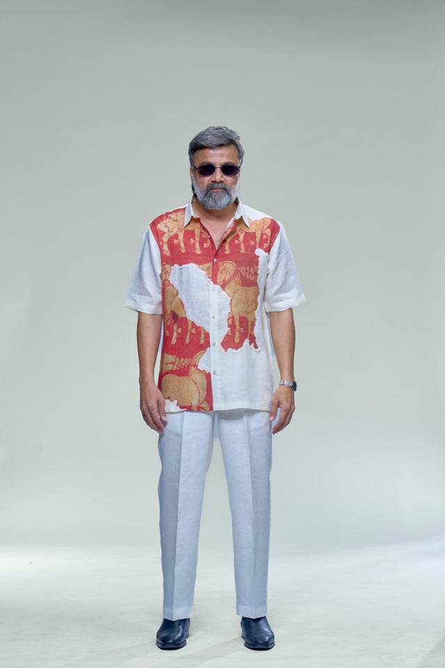 Metamorphosis: Digital Print Patchwork Pure Linen Designer Short Sleeve Shirt - AddysForMen®