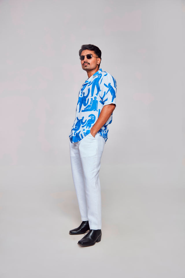 Symbolic Depths Printed Shirt- Featuring an Enigmatic Figure - Pure Linen Cuban Coller Shirt