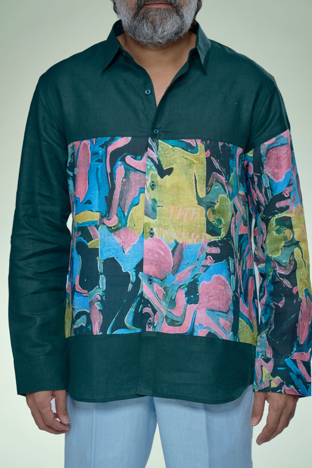 Verdant Muse Abstract Patch Pure Linen Designer Shirt - AddysForMen®
