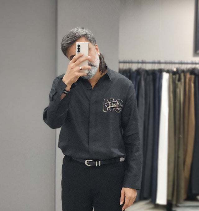 Charcoal Black Pure Linen Long Sleeve Shirt with "No Limit" Hand-Beaded Motif