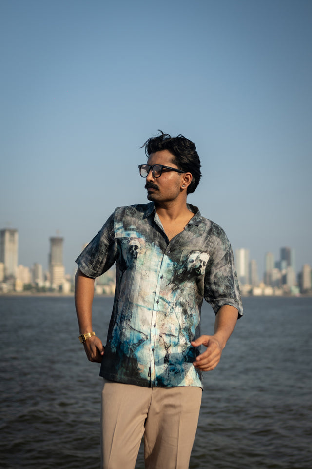 Faded Faces Pure Satin Linen Short Sleeve Shirt