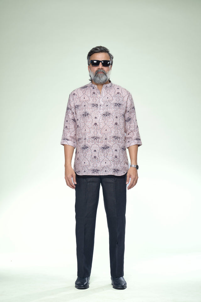 Artisan Geometric Pure Linen 3/4 Sleeve Kurta Style Shirt - AddysForMen®️
