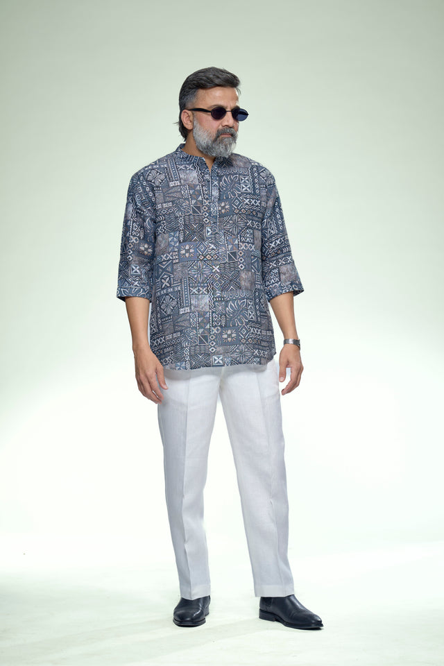 Indigo Nomad Mosaic Pure Linen 3/4 Sleeve Kurta Style Shirt - AddysForMen®️