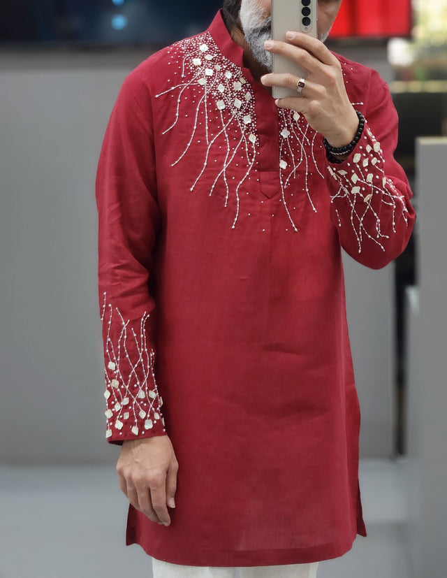 Crimson Red Pure Linen Long Kurta with Hand-Embroidered Khatli Pearl & Sequin Work