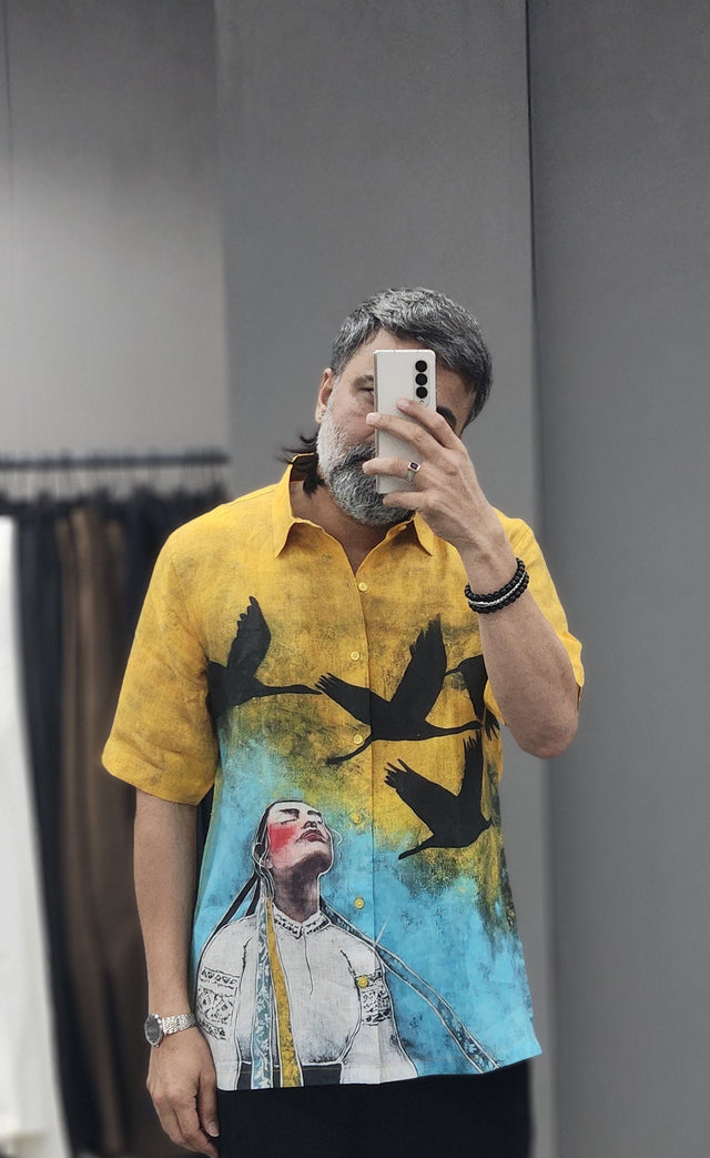 Celestial Birds & Portrait Pure Linen Shirt