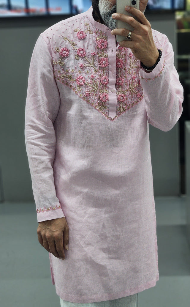 Blush Pink Floral Bouquet Hand Khatli Pure Linen Kurta