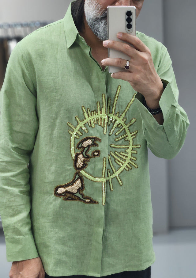Olive Sage Linen Shirt with Hand Beaded Sunburst Motif