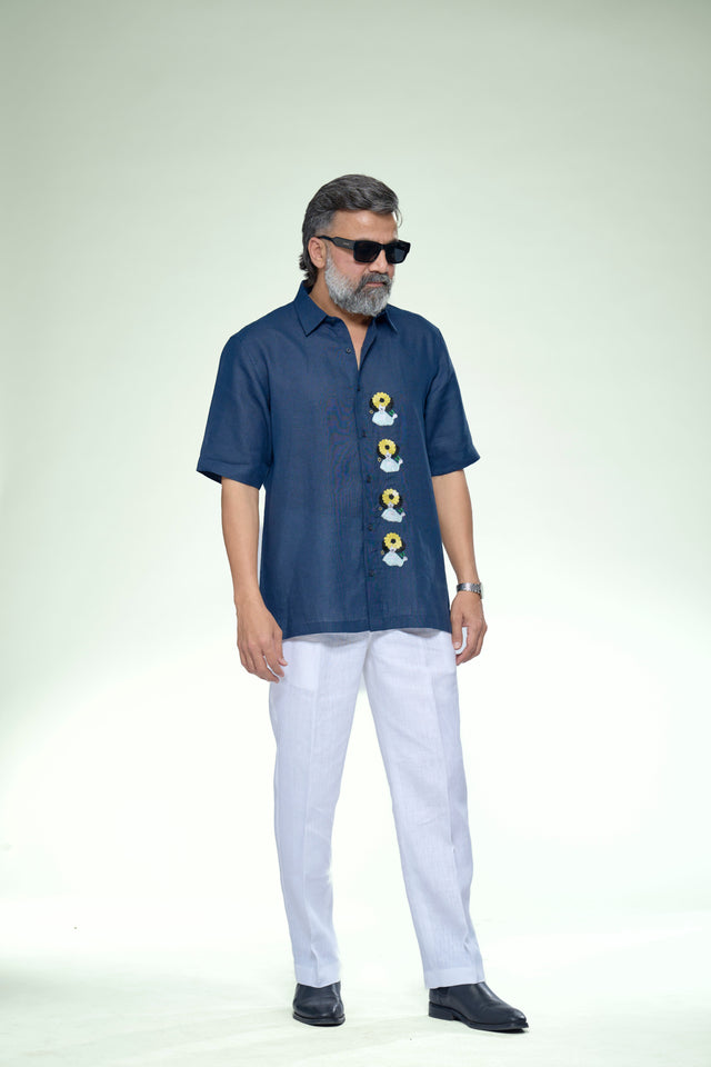 Studio Edition : 5-Hour Hand Embroidered Pure Linen Half Sleeve Shirt - AddysForMen®️