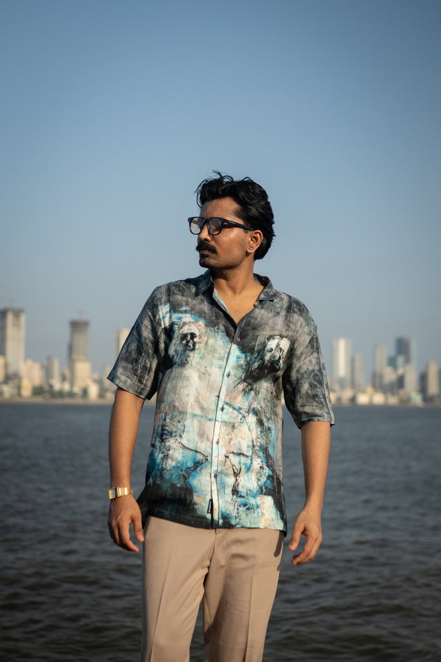 Faded Faces Pure Satin Linen Short Sleeve Shirt