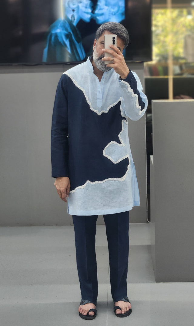 Sky Blue & Midnight Navy Wave Patchwork Hand Khatli Linen Kurta