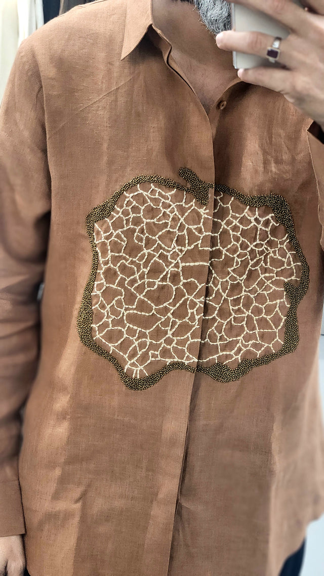 Cinnamon Brown Pure Linen Long Sleeve Shirt with Hand-Embroidered Bead & Thread Motif