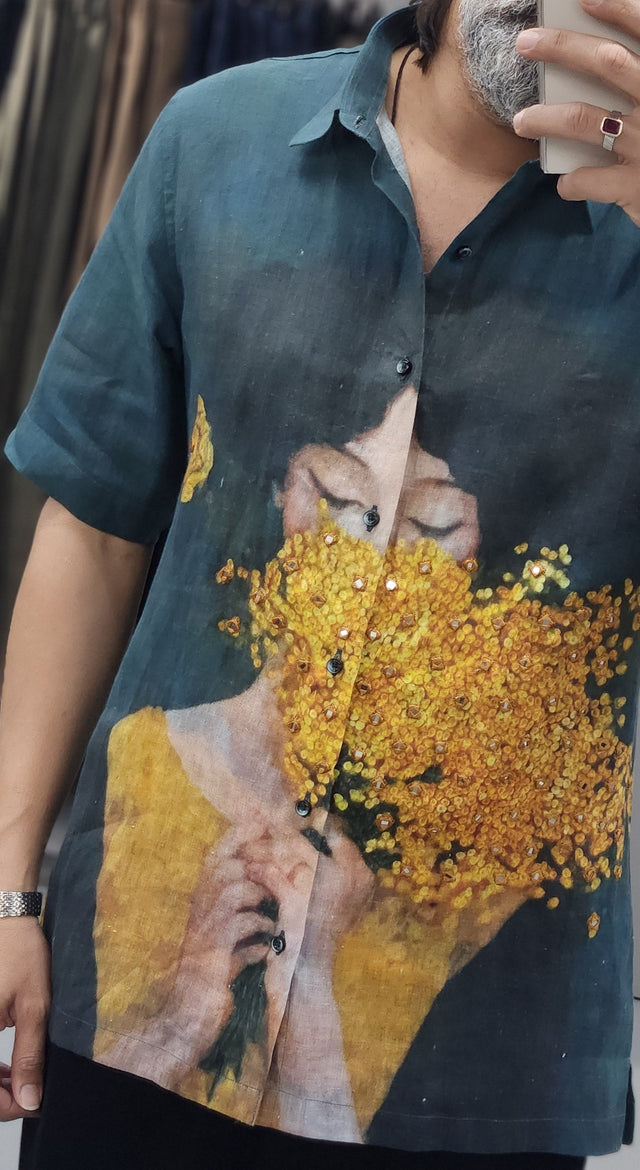 Emerald & Gold Floral Portrait Pure Linen Shirt