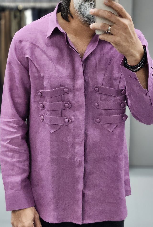 Orchid Purple Strapped Chest Detail Linen Shirt