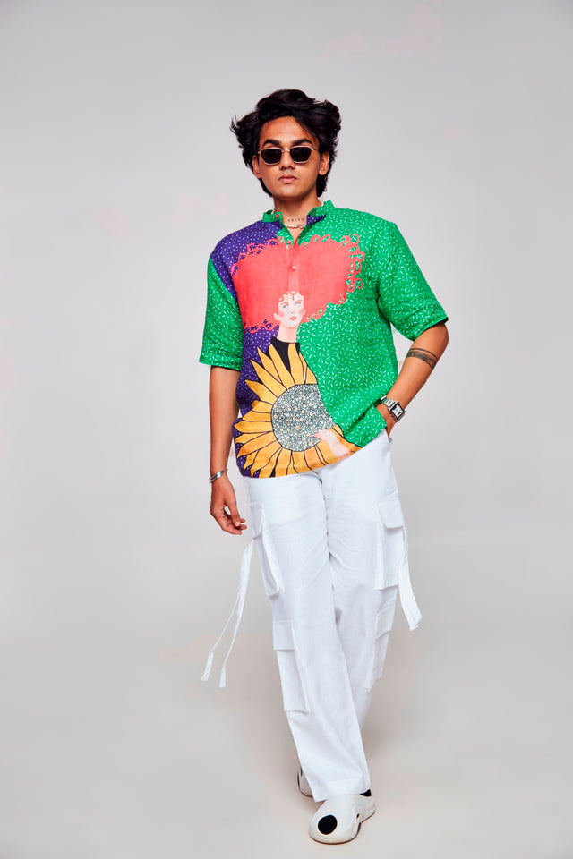 Botanical Harmony : Nature's Beauty with Floral Delicacy - Pure Linen Short Sleeve Kurta