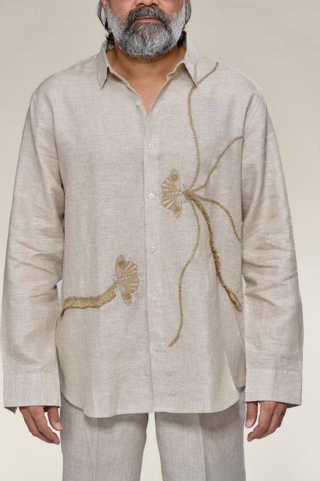 Hemisphere 7 - Hand-Embroidered Pure Linen Full Sleeve Shirt - AddysForMen®️