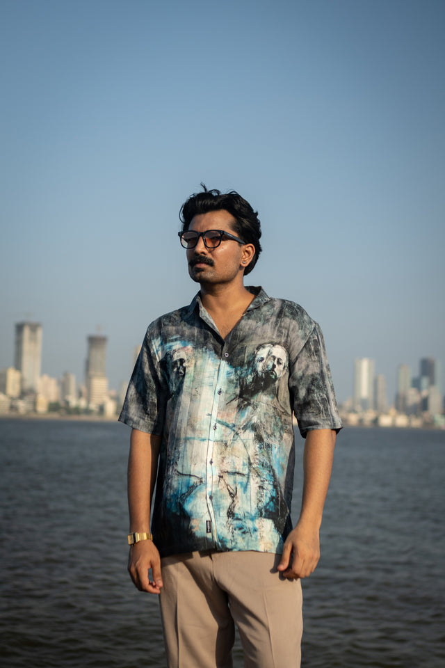 Faded Faces Pure Satin Linen Short Sleeve Shirt