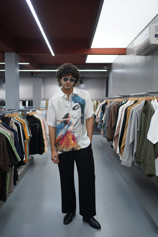 The Divine Union: Radha Krishna Digital Pure Bemberg Satin Short Sleeve Shirt - AddysForMen®️