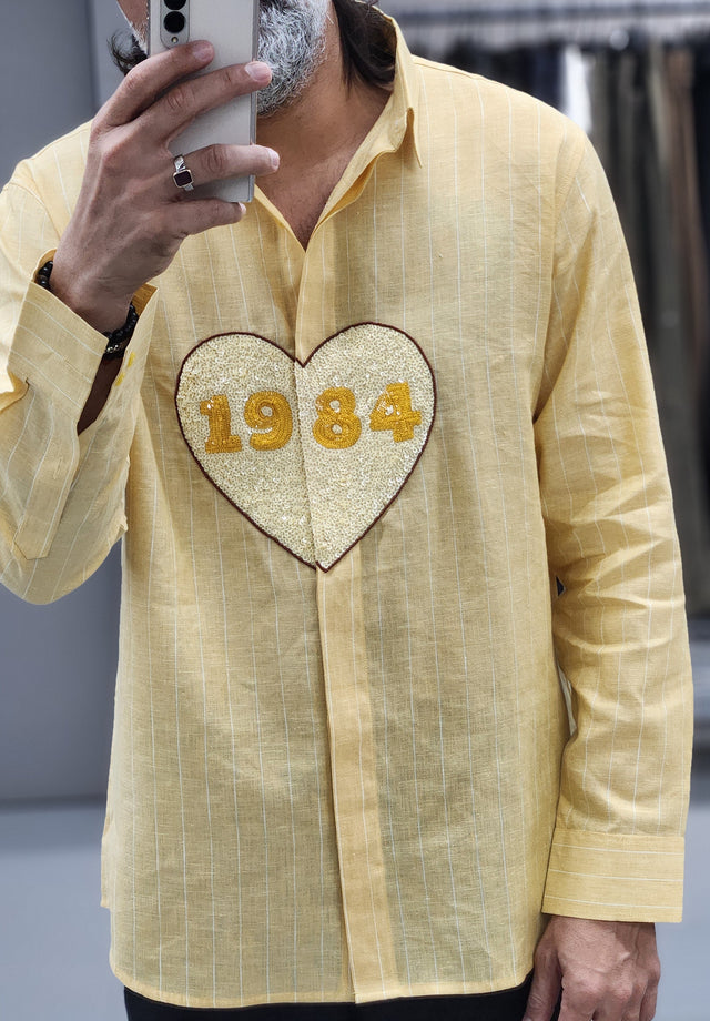 Pastel Yellow Striped Linen Shirt with Personalised Heart Motif