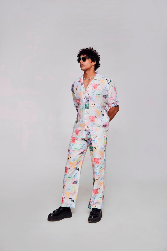 Chromatic Elegance Printed Pure Linen Cuban Coller Shirt