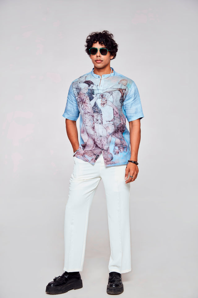 Artistic Expression Printed Pure Linen Short Sleeve Shirt