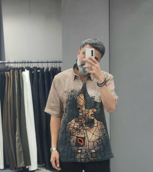 Taupe Graphic Print Linen Shirt with Hand Khatli Work