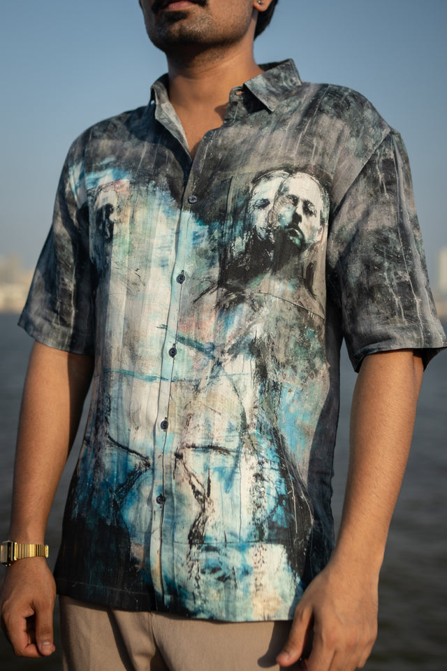 Faded Faces Pure Satin Linen Short Sleeve Shirt