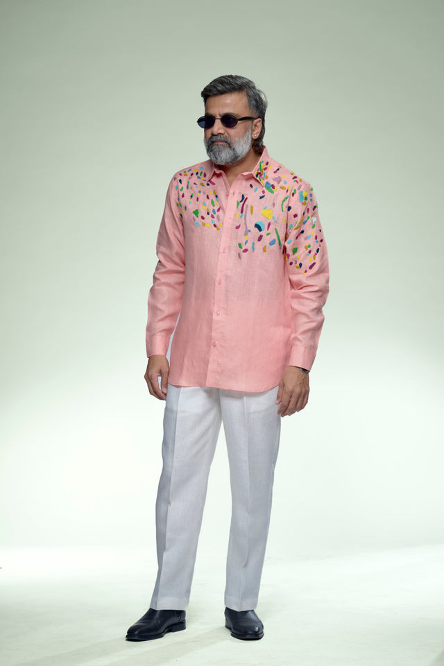 Corner Masterpiece : 9-Hour Front & Back Corner Hand Embroidered Pure Linen Full Sleeve Shirt - AddysForMen®️