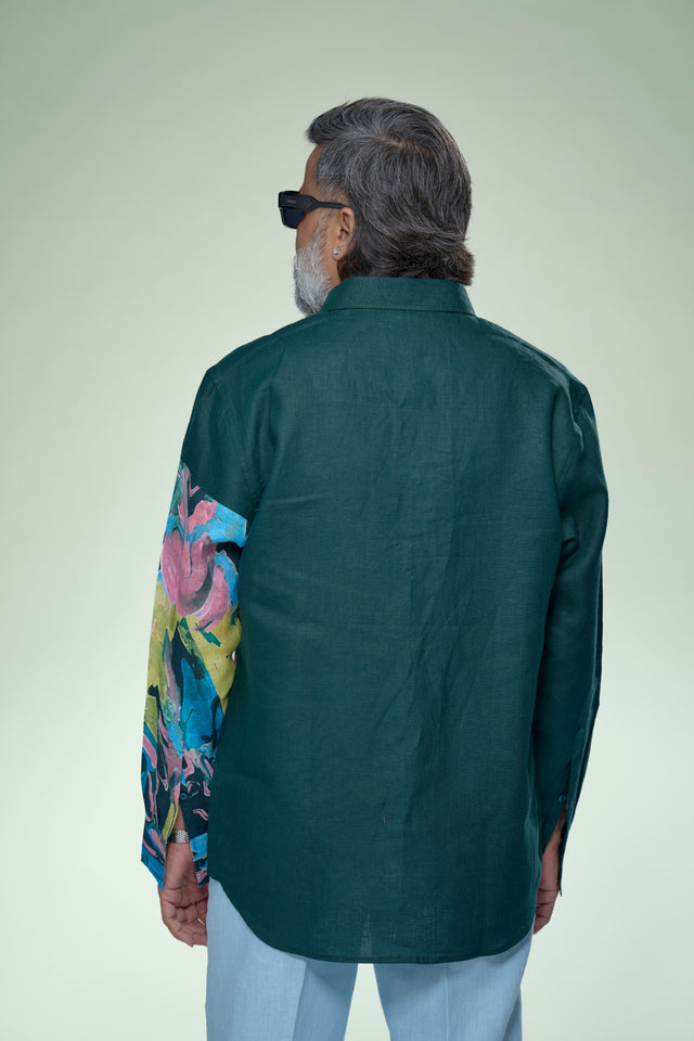 Verdant Muse Abstract Patch Pure Linen Designer Shirt - AddysForMen®
