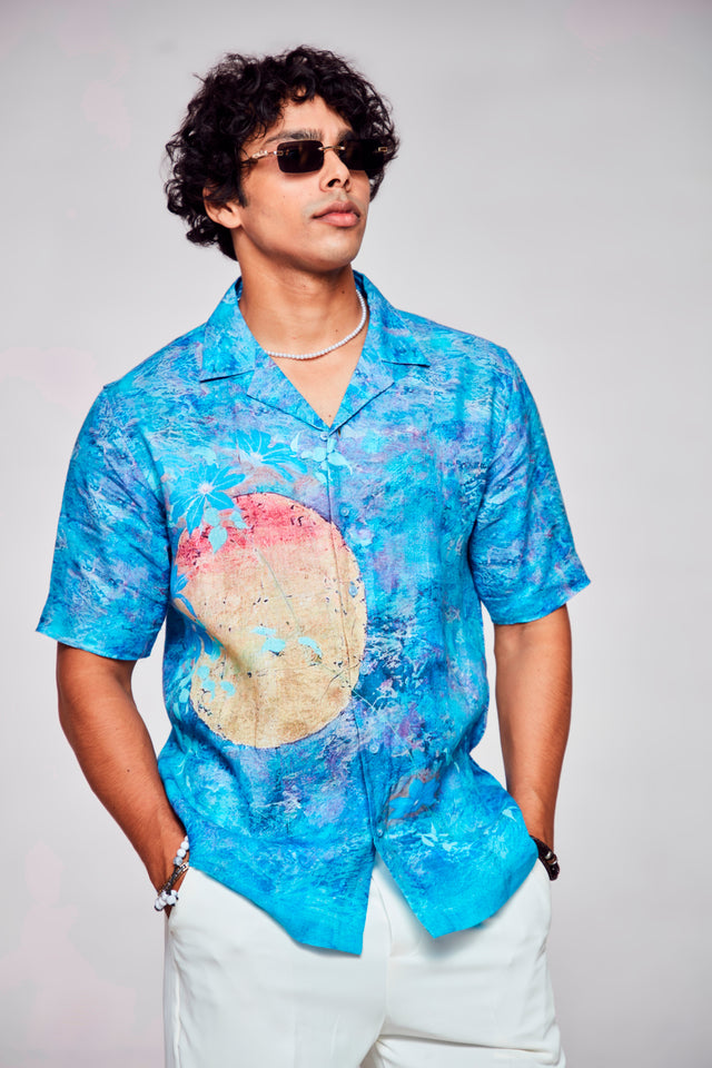 Golden Solace Printed Pure Linen Cuban Coller Shirt