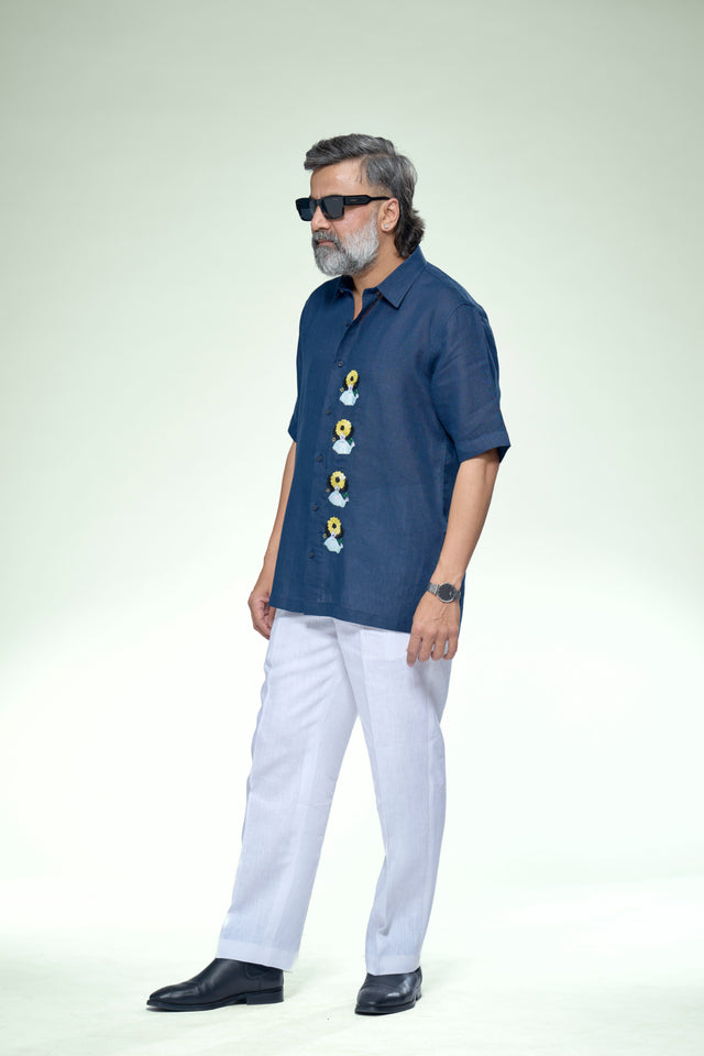 Studio Edition : 5-Hour Hand Embroidered Pure Linen Half Sleeve Shirt - AddysForMen®️