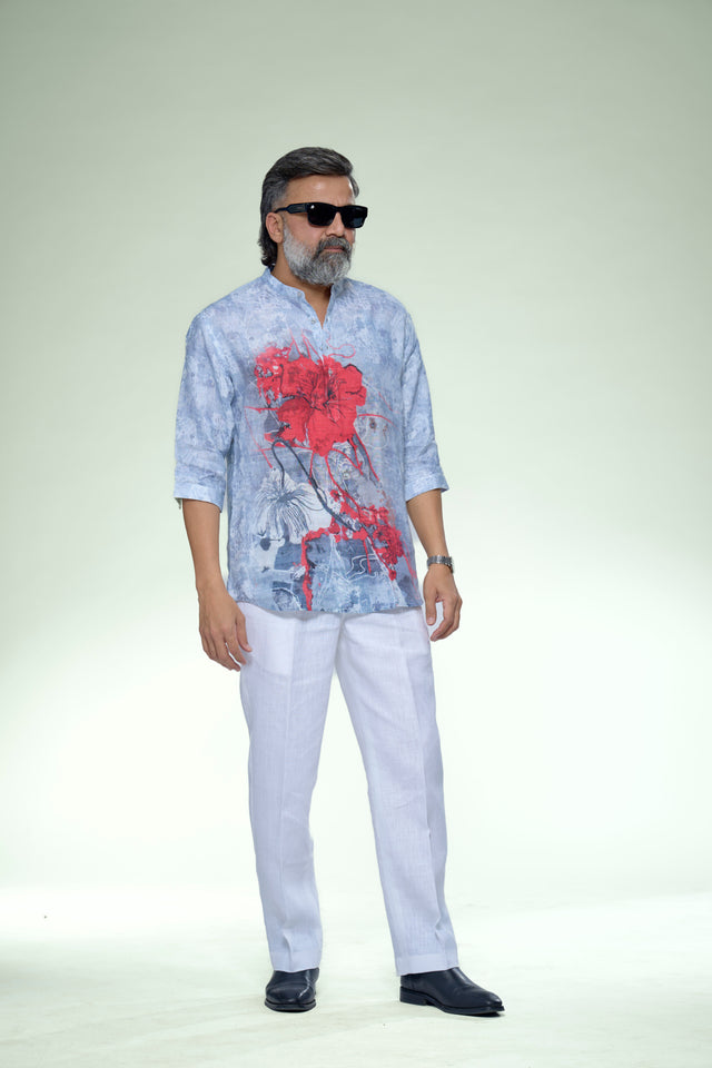Scarlet Bloom Abstract Floral Pure Linen 3/4 Sleeve Kurta Style Shirt - AddysForMen®️
