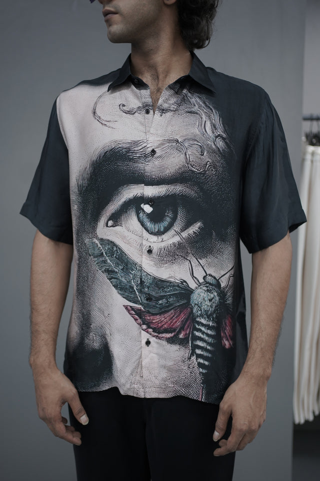 The Aurora Horizon: Integrated Digital Art Pure Bemberg Satin Short Sleeve Shirt - AddysForMen®️