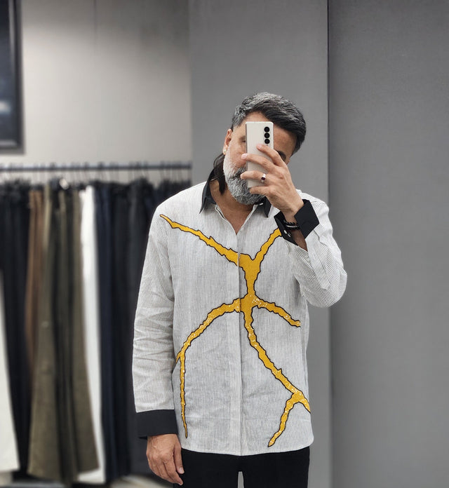 Black & White Pinstripe Pure Linen Long Sleeve Shirt with Hand-Embroidered Yellow Sequin Graphic