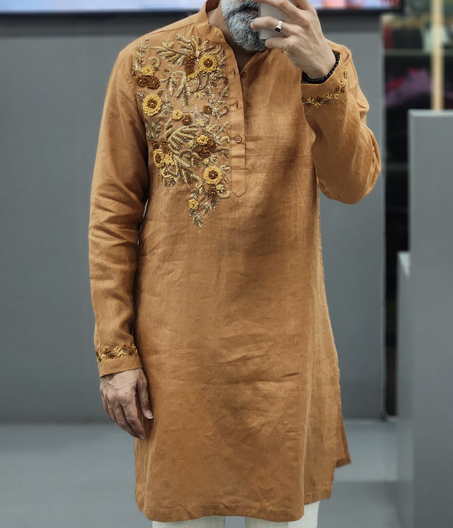 Mustard Ochre Asymmetric Floral Garden Hand Khatli Pure Linen Kurta