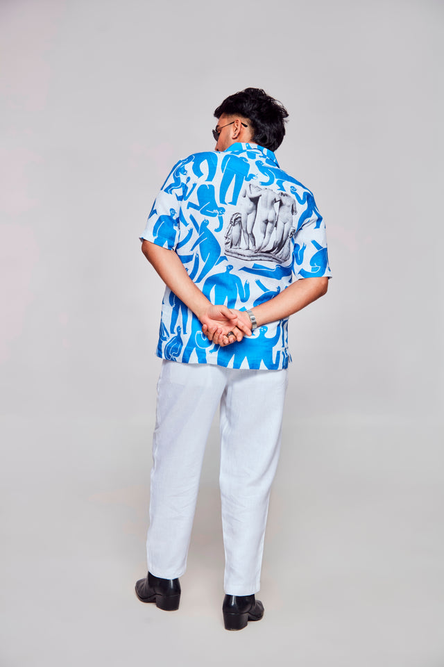 Symbolic Depths Printed Shirt- Featuring an Enigmatic Figure - Pure Linen Cuban Coller Shirt