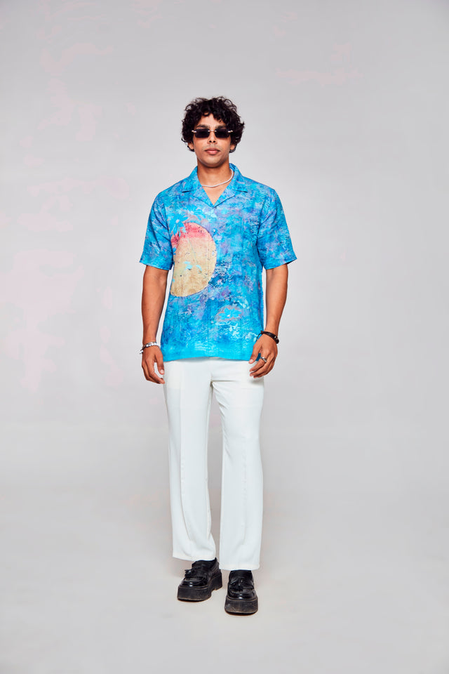 Golden Solace Printed Pure Linen Cuban Coller Shirt