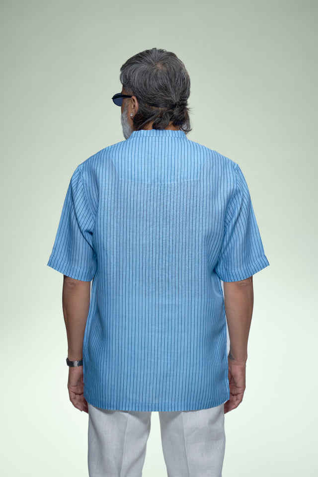 Sky Blue Artistic Floral Pure Linen Short Sleeve Shirt - AddysForMen®