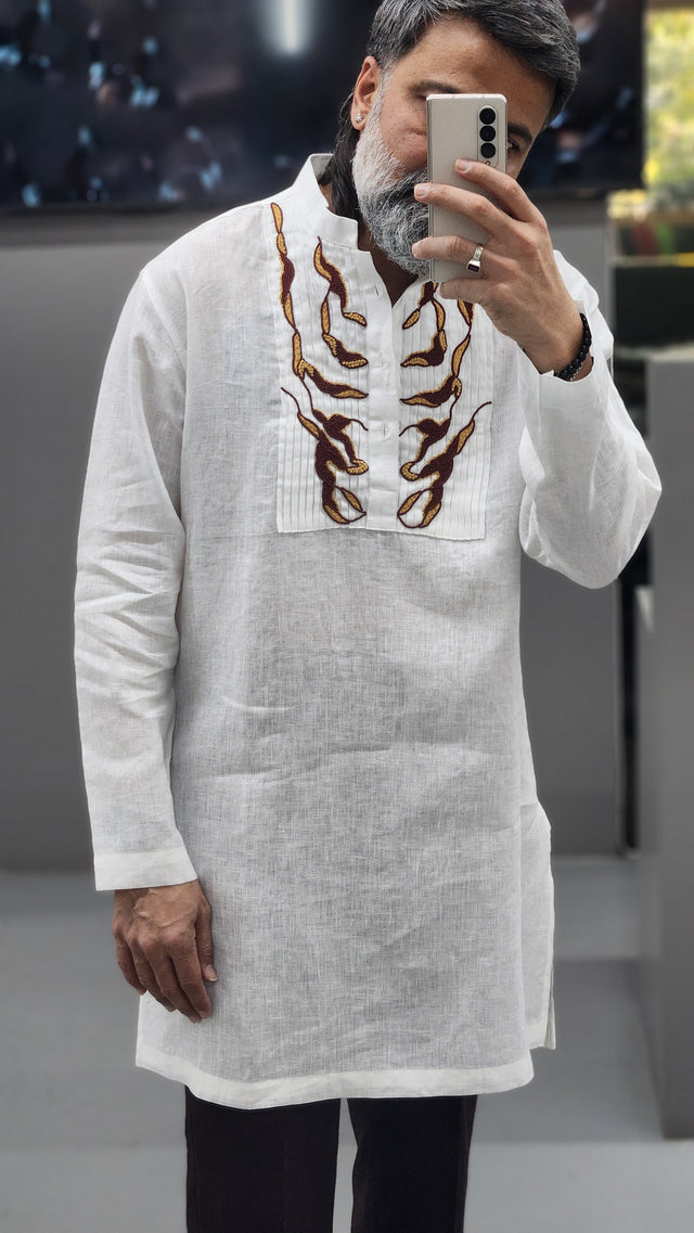 Pure White Pin-Tucked Yoke Hand Khatli Earth-Tone Linen Kurta