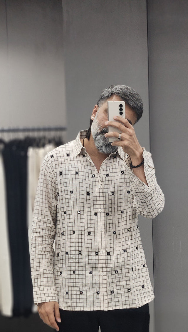 Ivory Grid Mirror-Embroidered Pure Linen Shirt