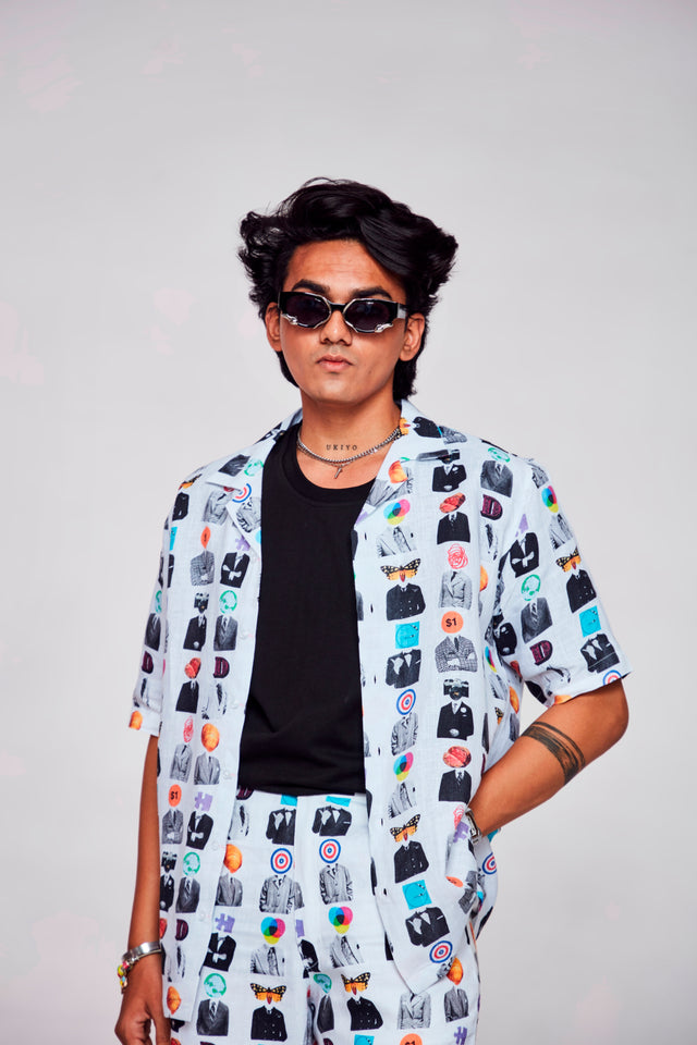 Artistic Mosaic Printed Shirt Pure Linen Cuban Coller Shirt