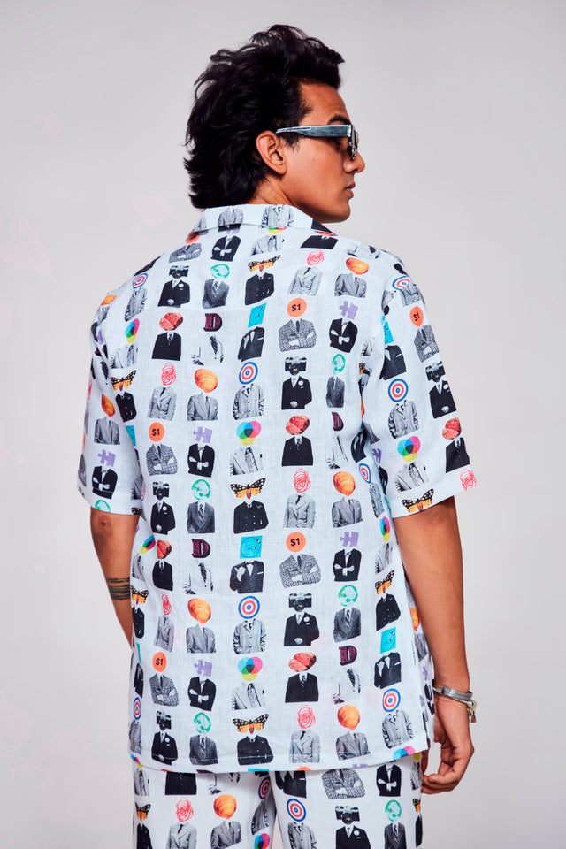 Artistic Mosaic Printed Shirt Pure Linen Cuban Coller Shirt