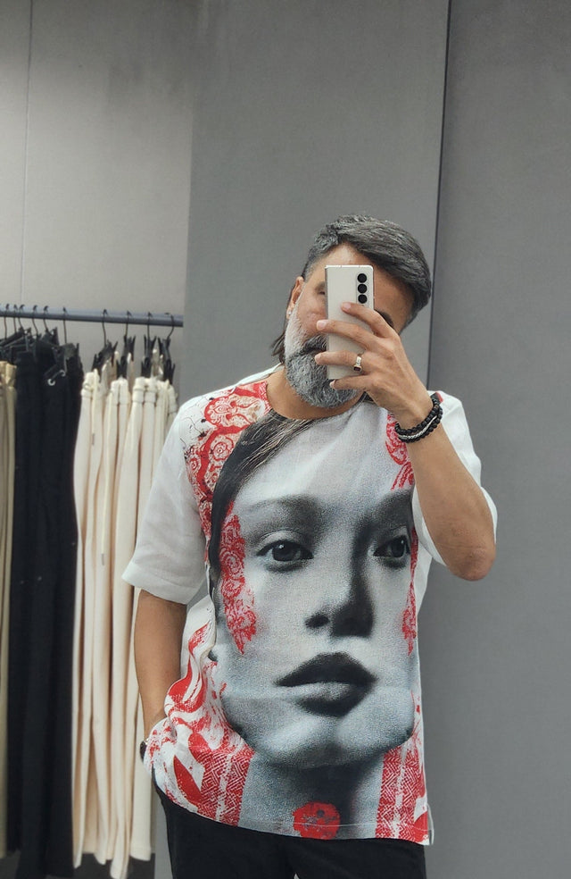 Scarlet & Monochrome Portrait Pure Linen T-Shirt style Shirt