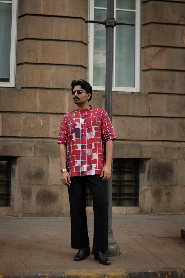 Gridlock Flow Designer Pure Linen Short Sleeve Shirt- AddysForMen®