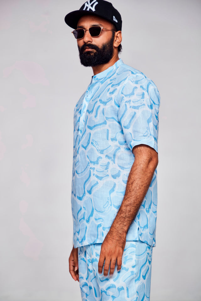 Serene Elegance : Fusion of Blue and White - Pure Linen Short Sleeve Kurta
