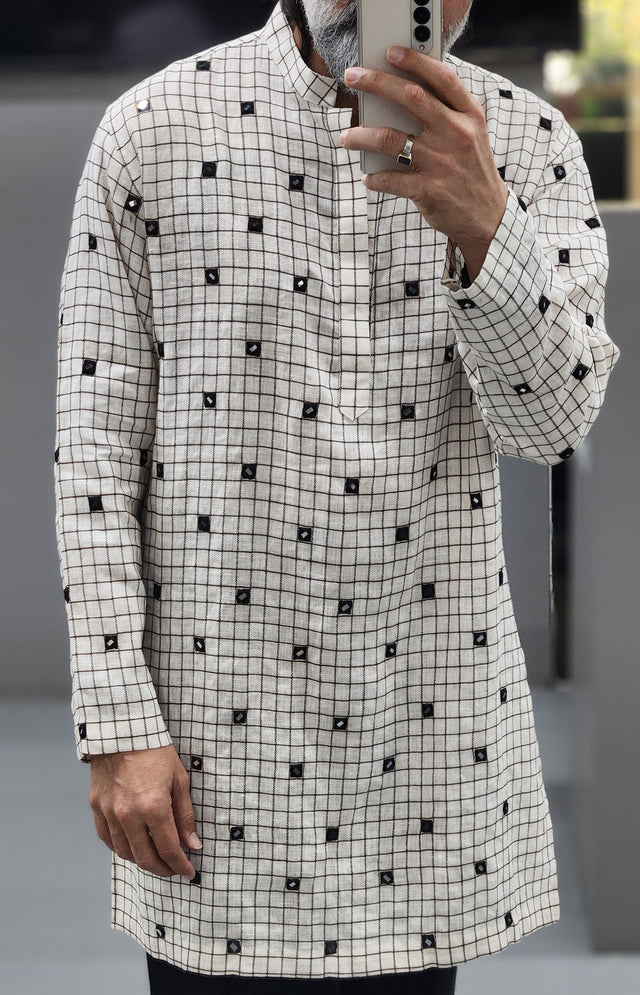 Monochrome Windowpane Grid Hand Khatli Mirror Linen Kurta
